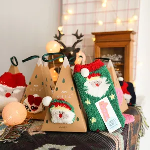 Cozy coral fleece Christmas socks for women, cute 3D cartoon design with gift box.