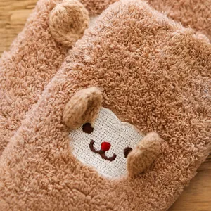 Women coral fleece warm floor socks with 3D cute bear ears and embroidered cartoon face.