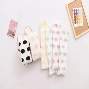 Coral fleece over-the-knee fuzzy socks with polka dots detail view for women autumn winter
