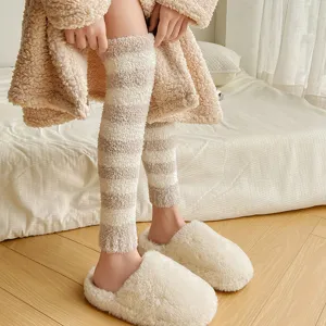 dicken korallenfleece gestreifte beinwärmer gemütliche winter hause warme kniestrümpfe
