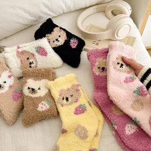 Thickened coral fleece cute bear strawberry pattern cozy winter warm sleep floor socks