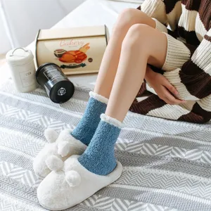 Winter thick solid color coral fleece mid-tube women socks with cozy fuzzy slippers house wear