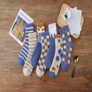 Thick coral fleece winter warm socks detail, soft blue fuzzy sleep floor socks for women.