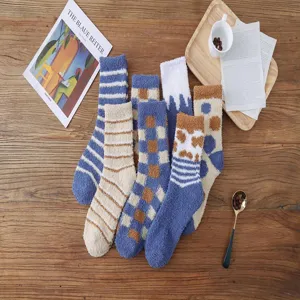 Thickened coral fleece women socks warm winter fuzzy cozy home floor socks blue style