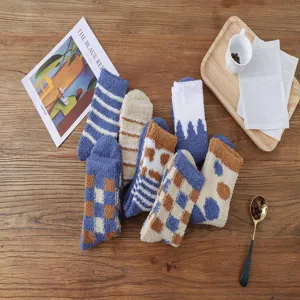 Thickened coral fleece warm winter home socks, blue retro striped and checkered design.