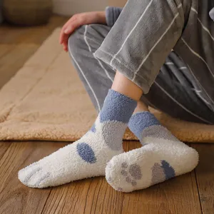 Cute fluffy coral fleece socks for women, cozy winter thermal home floor socks with paw print.