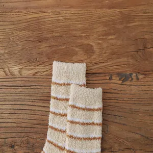 Comfortable plush coral fleece striped warm winter home sleep floor socks detail view