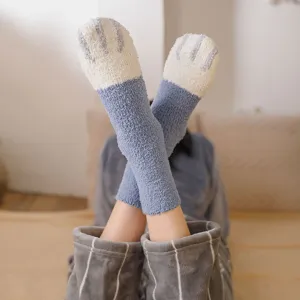 Cute fluffy coral fleece cat paw women socks cozy winter thick warm sleep floor socks