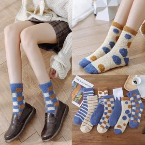 Thickened Coral Fleece Sleep Socks For Women Winter Warm Mid Calf Floor Socks British Style Plaid Striped Thermal Socks