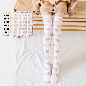 Women Winter Thickened Coral Fleece Over Knee Sleep Socks Cute Polka Dot Thigh High Warm Long Socks For Home Daily
