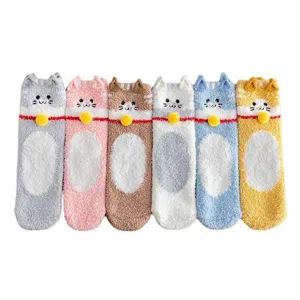 Zachte koraalvleece pluche sokken voor dames, dikke warme huissokken met schattige kat en bel.