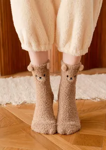 Winter thick coral fleece fuzzy cute bear ear mid-calf socks cozy kawaii sleep floor socks