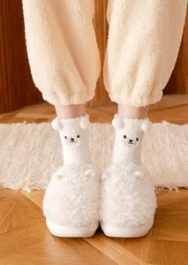 Detailed shot of fluffy white plush bear socks and cozy winter indoor slippers in cozy home setting.