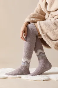 Thickened over-the-knee coral fleece socks detail shot, cozy winter home warm sleep floor socks.