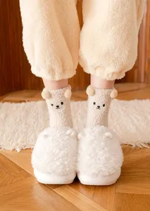 Winter thick plush mid-tube socks with cute bear ears, cozy fleece home floor socks.