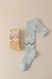 Soft fleece cozy fuzzy winter long socks with chevron pattern, warm home floor socks detail.