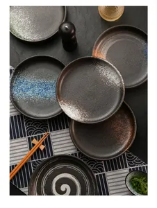 Ensemble d'assiettes en céramique vintage japonaise, assiettes à steak creuses uniques.