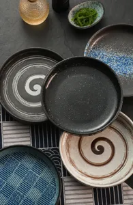 Assiette plate en céramique rétro japonaise vue détaillée avec textures uniques.