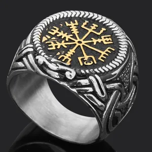 Vintage Viking Norse Compass Thor's Hammer Stainless Steel Ring For Men Retro Rune Finger Jewelry Ring
