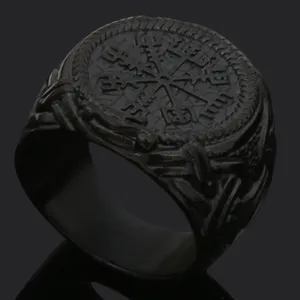 Men's vintage Viking rune titanium steel ring, detailed Nordic compass carved band jewelry.