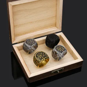 Men vintage Viking rune titanium steel ring set in wooden box, stylish retro jewelry.