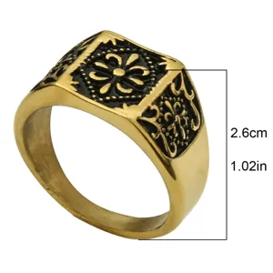 Vintage Gold Siegelring für Herren mit schwarzem floralem graviertem quadratischem Top.
