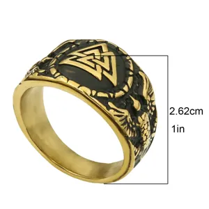 Anillo de hombre vintage Viking Valknut en acero inoxidable con grabados de runas.