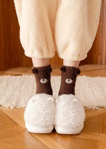 Cozy brown plush bear socks detail view, featuring cute fuzzy winter thermal floor socks.