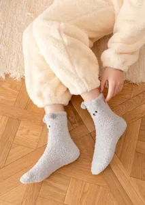 Winter thick cute plush mid-tube socks with bear ears, soft coral fleece cozy floor socks.