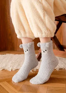 Cozy winter thick coral fleece socks for women, cute plush 3D bear ears mid-tube floor socks.