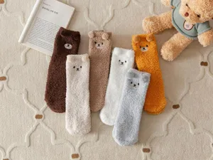 Cozy winter coral fleece fuzzy socks for women with cute 3d bear ears plush home floor socks