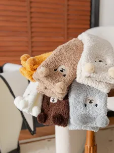 Cute fluffy winter coral fleece socks with cute 3D bear plush design, warm thick home floor socks.