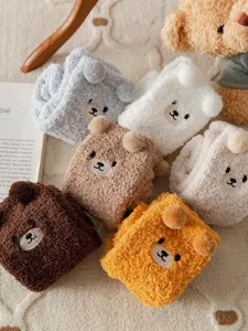 Cozy thick coral fleece socks with cute 3D bear ears, soft winter floor sleep socks for women.