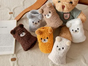 Winter thick coral fleece cute bear socks, cozy warm fuzzy mid-tube sleep floor socks.
