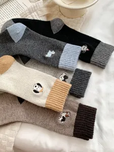 Calze spesse di lana da donna, ricamo di animali stile coreano a blocchi di colore.
