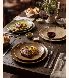 Plato de bistec de cerámica con patrón de líneas, vajilla de cena occidental retro.