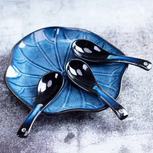 Japanese style ceramic soup spoon set with creative lotus leaf plate for home kitchen use.