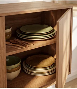 Juego de platos llanos de cerámica con líneas retro, vajilla elegante para comida.