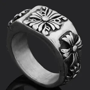 Anillo de plata con diseño floral estilo retro para hombre punk rock biker joyería