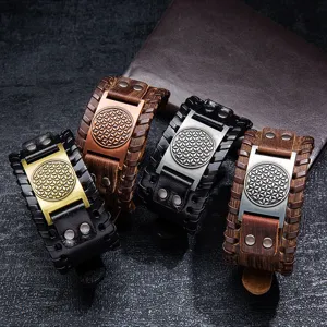 Men's punk wide leather bracelet vintage gothic viking rivet metal wristband jewelry