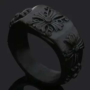 Hombre vintage gótico cruz floral anillo ancho de acero titanio estilo retro punk joyería