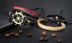 Handmade multi-layer woven leather rope bracelet set with anchor charm and wood beads.