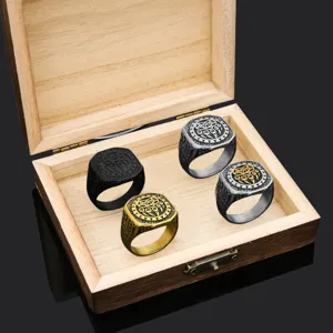 Men vintage Viking rune stainless steel ring set, square top Nordic bear claw titanium band.