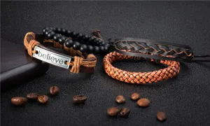 Hombres multicapa cuero pulsera trenzada conjunto vintage cuentas joyas accesorios