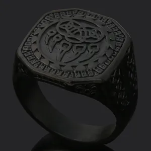 Men vintage black titanium steel ring with Viking rune and bear claw motif for daily wear