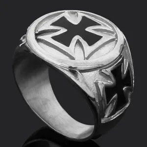 Vintage stainless steel gothic cross ring for men, retro punk biker jewelry band.