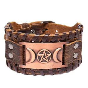 Vintage leather cuff bracelet with metal pentagram and triple moon pagan gothic charm