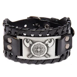 Vintage Viking double axe shield wide leather bracelet punk rock gothic cuff bracelet for men