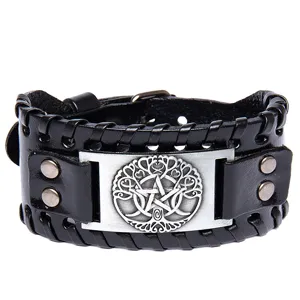 Vintage breites Lederarmband für Damen und Herren, gotisches Lebensbaum Metall Armband.