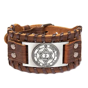 Vintage retro leather bracelet for men punk wide cuff wristband with occult hexagram charm.